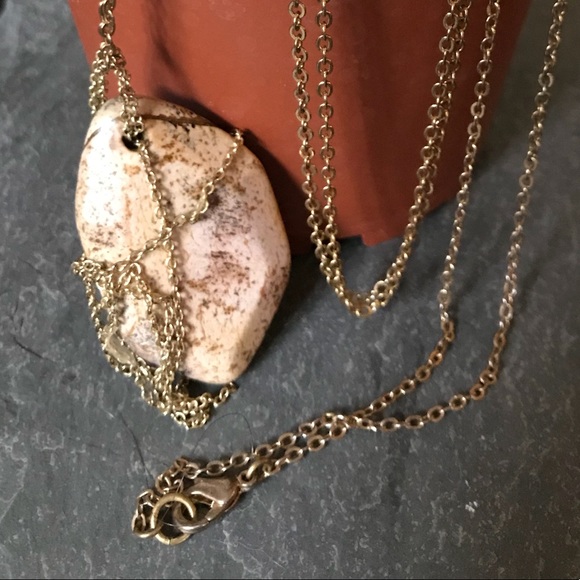 Long Gold Accent Necklace with Beige Stone - Picture 4 of 4